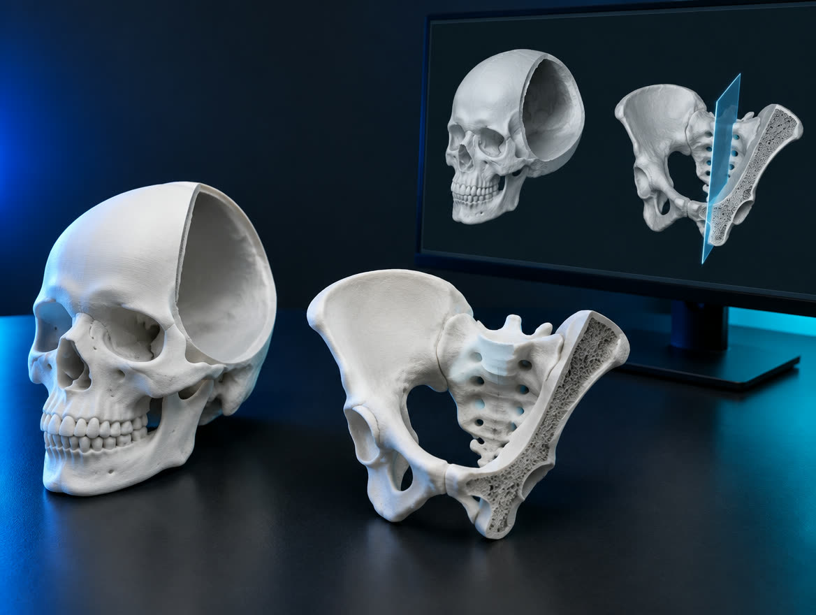Crânio impresso em 3D ao lado da reconstrução volumétrica