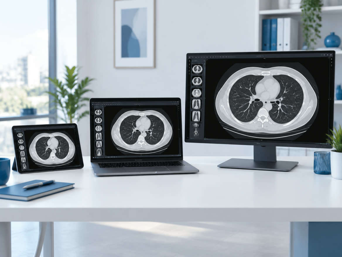 Tablet, notebook e monitor com o mesmo exame aberto