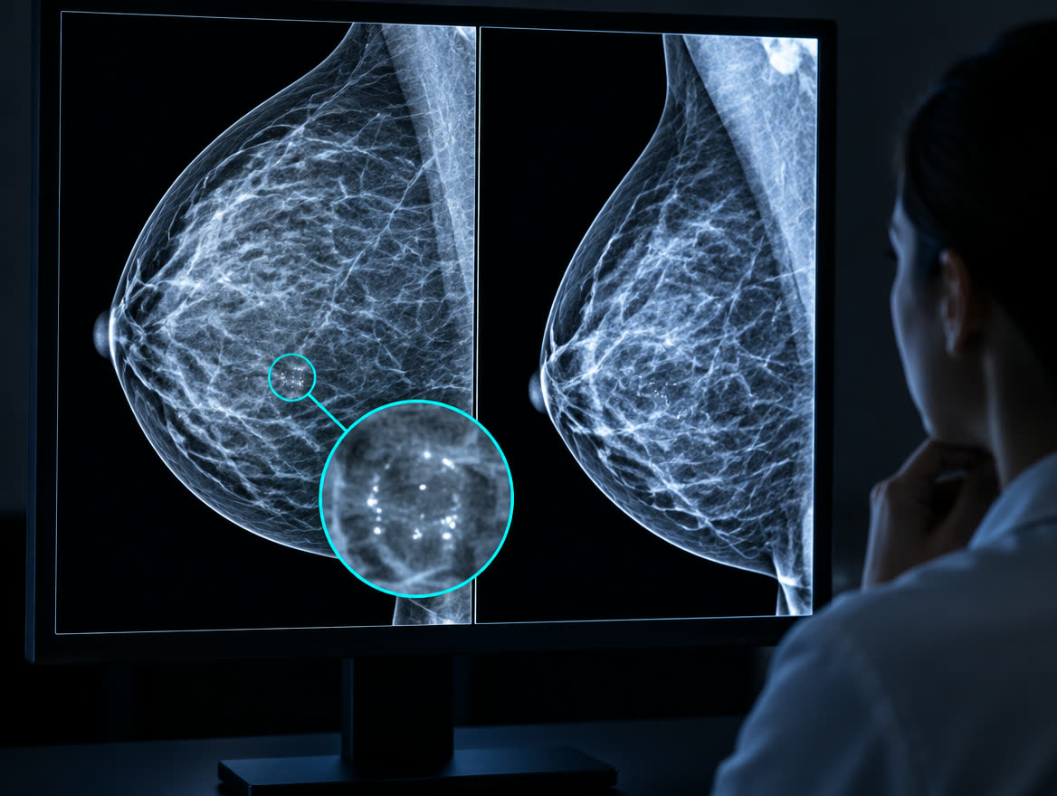 Mamografias lado a lado com lupa sobre microcalcificações